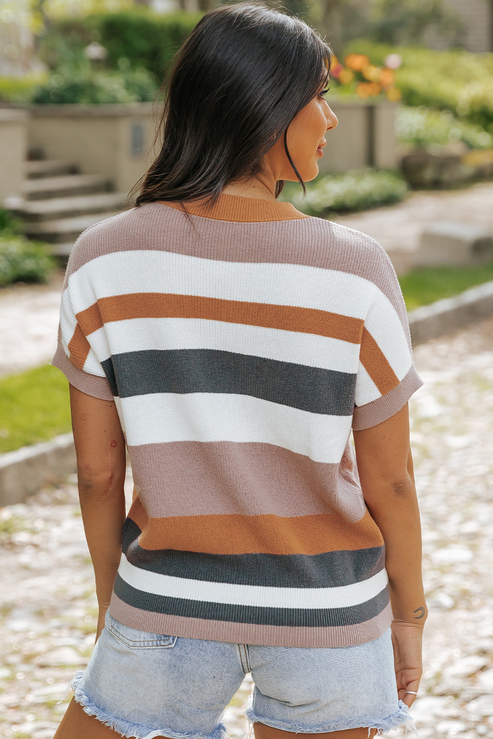 Camel Striped Knit Crew Neck T Shirt Sweater - PrizQ