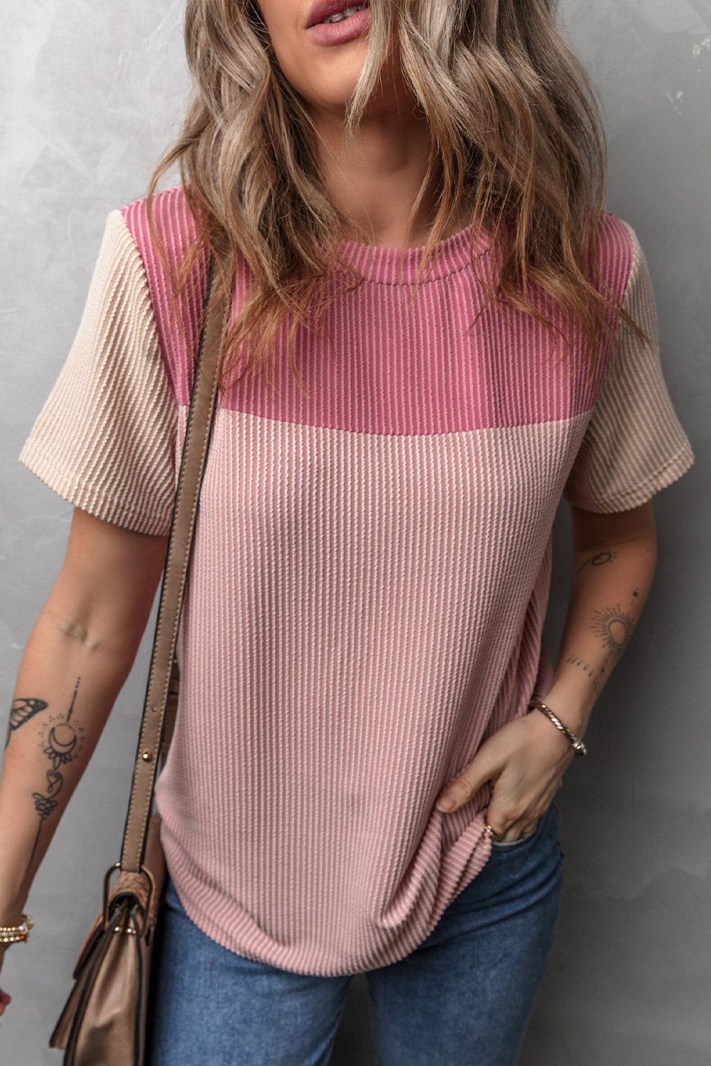 Black Rib Textured Colorblock T Shirt - PrizQ