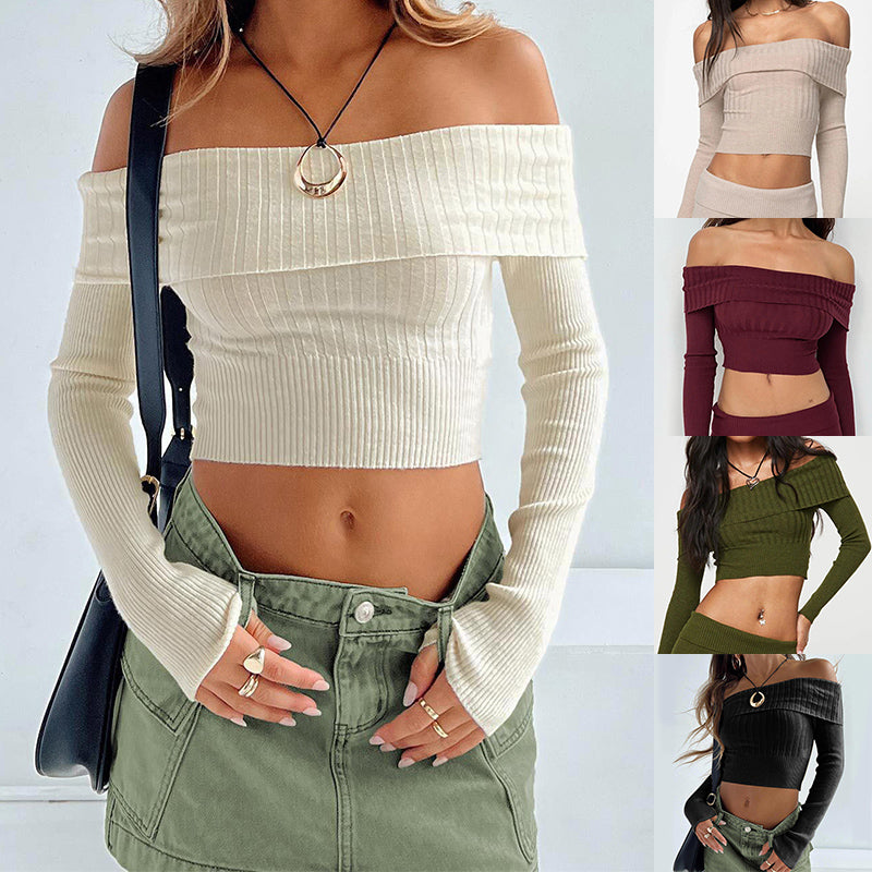 Boat Neck Long Sleeve Knitted Sweater Off-shoulder Crop Short Top SFor Womens Clothing - PrizQ