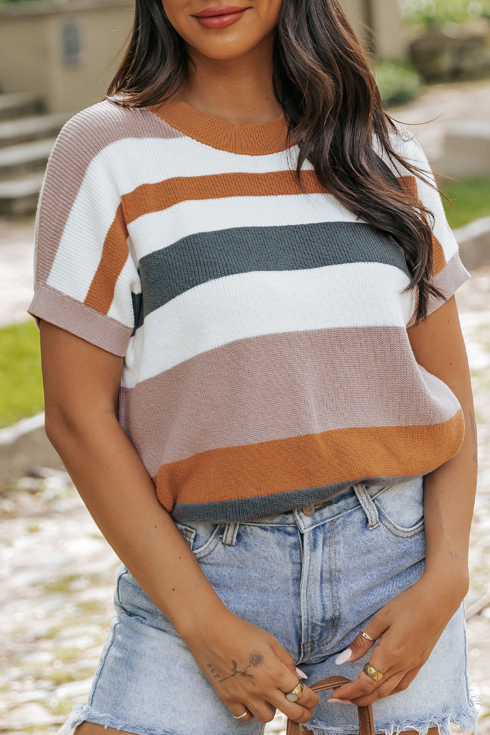 Camel Striped Knit Crew Neck T Shirt Sweater - PrizQ