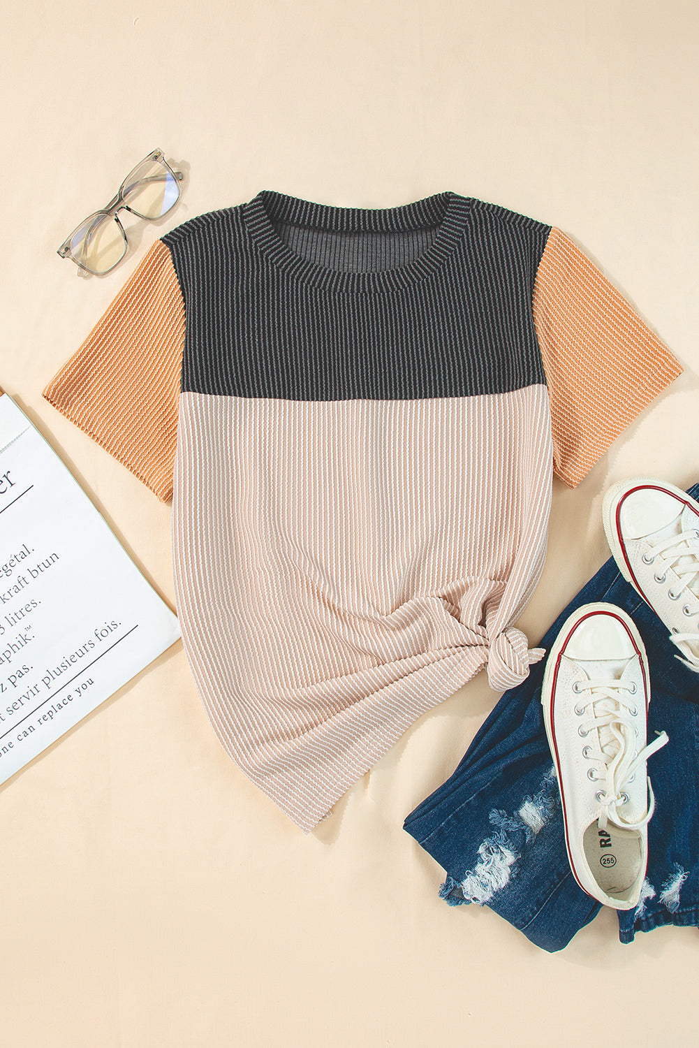 Black Rib Textured Colorblock T Shirt - PrizQ
