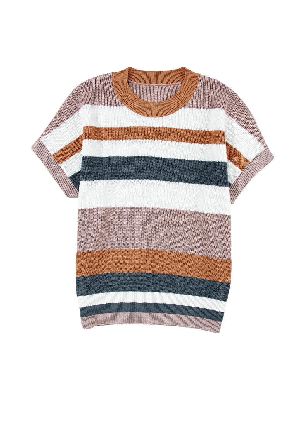 Camel Striped Knit Crew Neck T Shirt Sweater - PrizQ