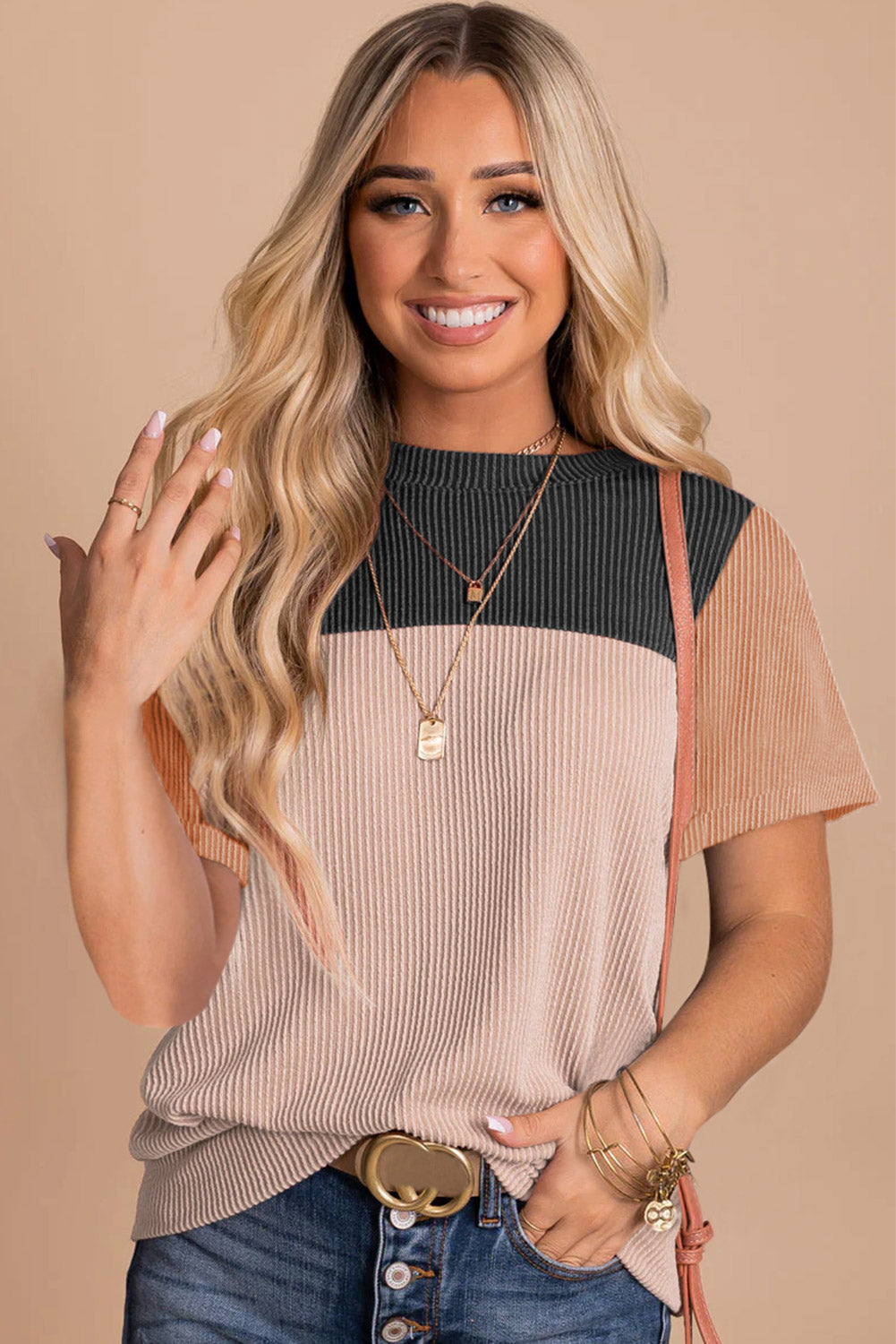 Black Rib Textured Colorblock T Shirt - PrizQ