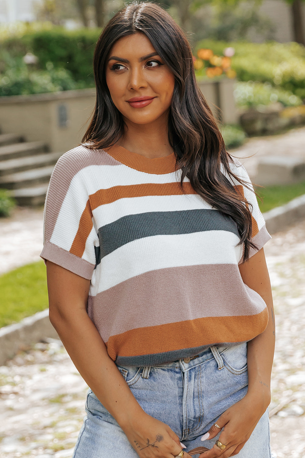Camel Striped Knit Crew Neck T Shirt Sweater - PrizQ