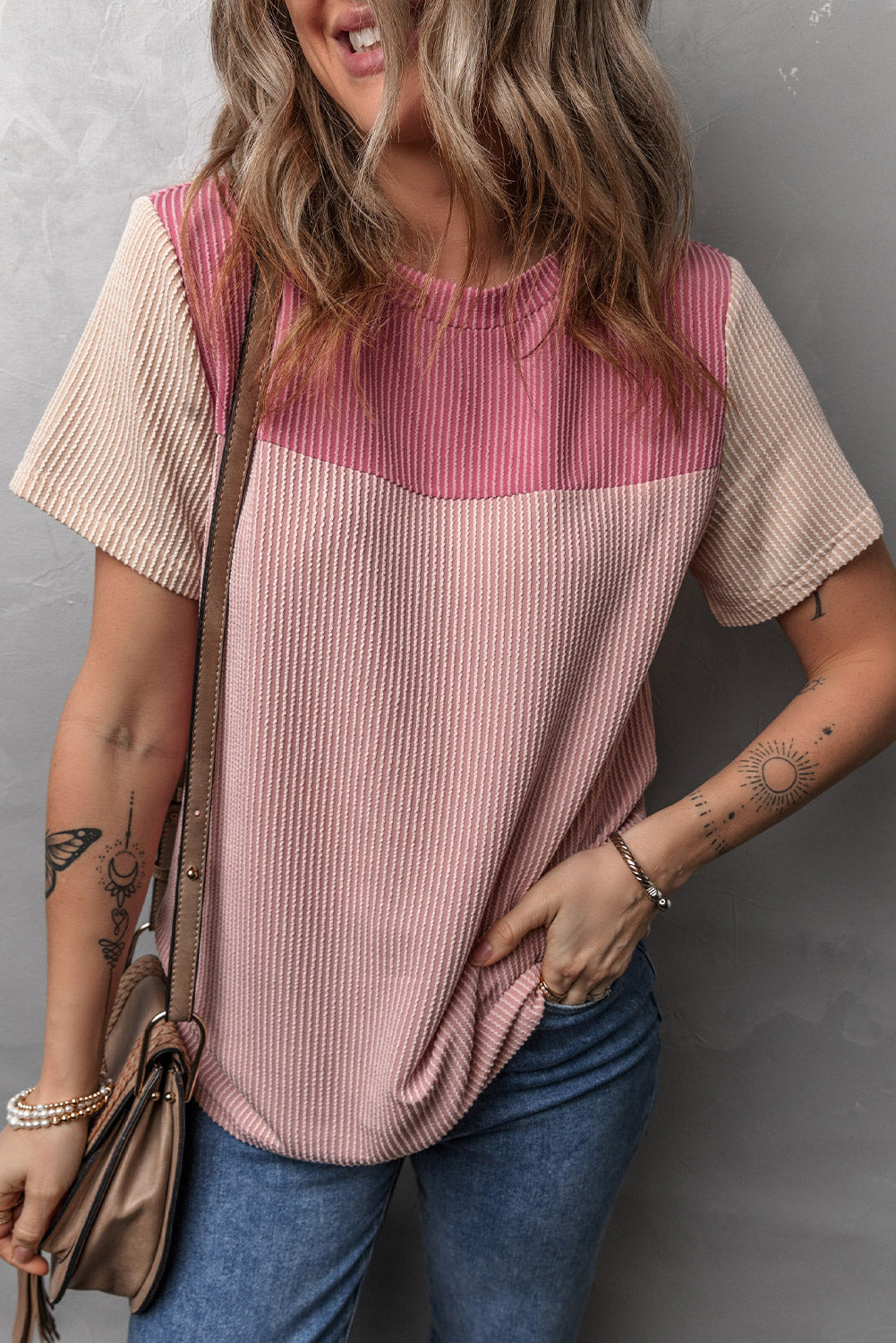 Black Rib Textured Colorblock T Shirt - PrizQ