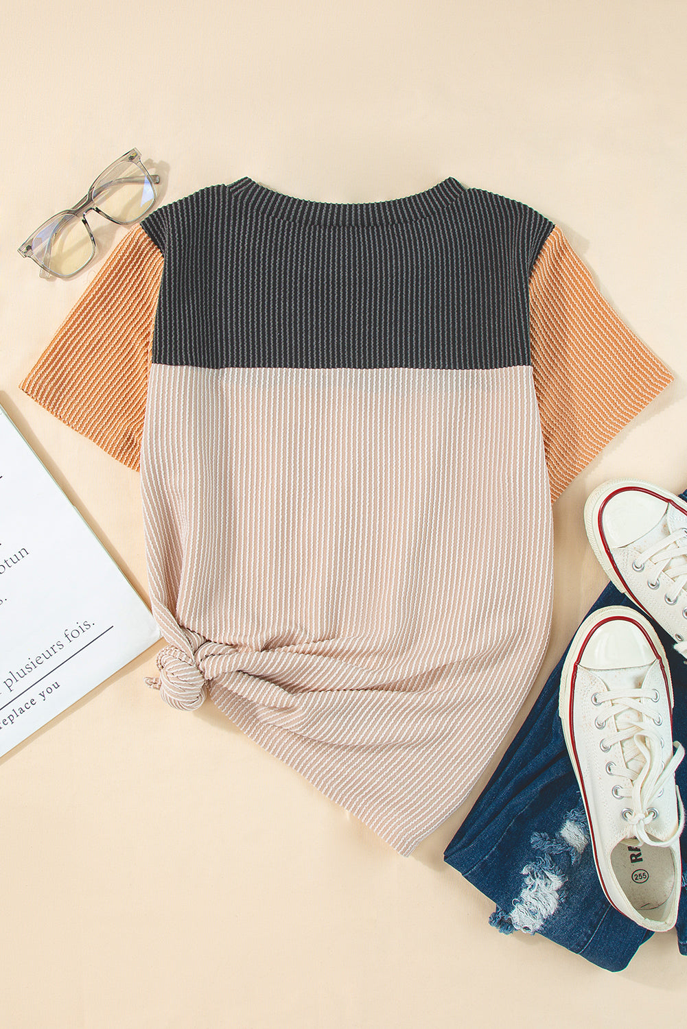 Black Rib Textured Colorblock T Shirt - PrizQ