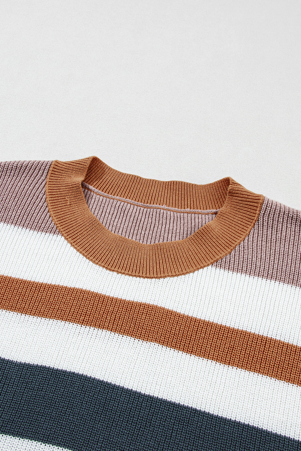 Camel Striped Knit Crew Neck T Shirt Sweater - PrizQ