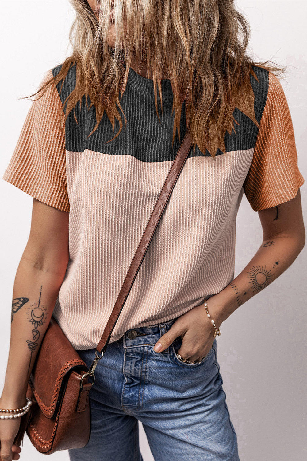 Black Rib Textured Colorblock T Shirt - PrizQ