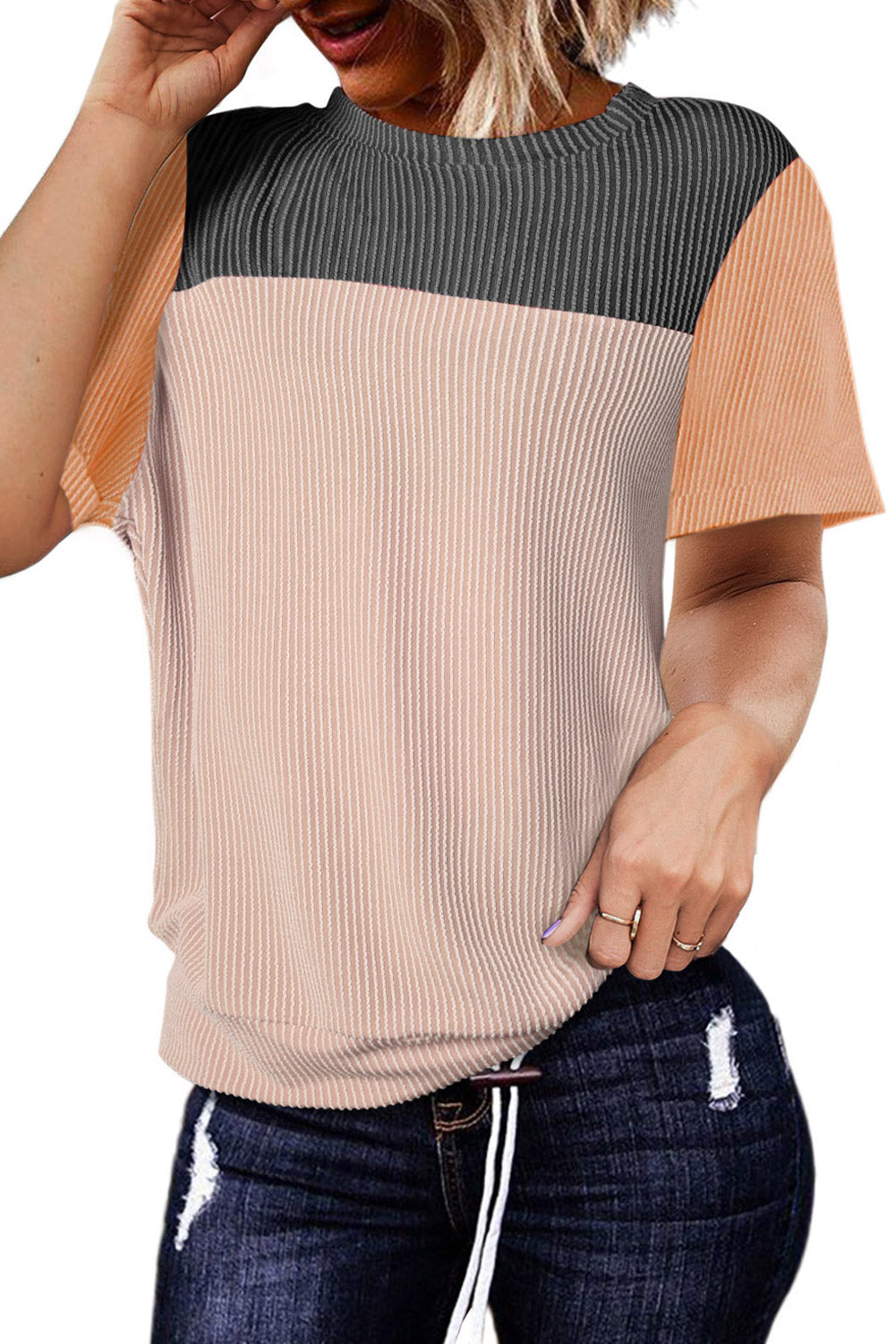 Black Rib Textured Colorblock T Shirt - PrizQ