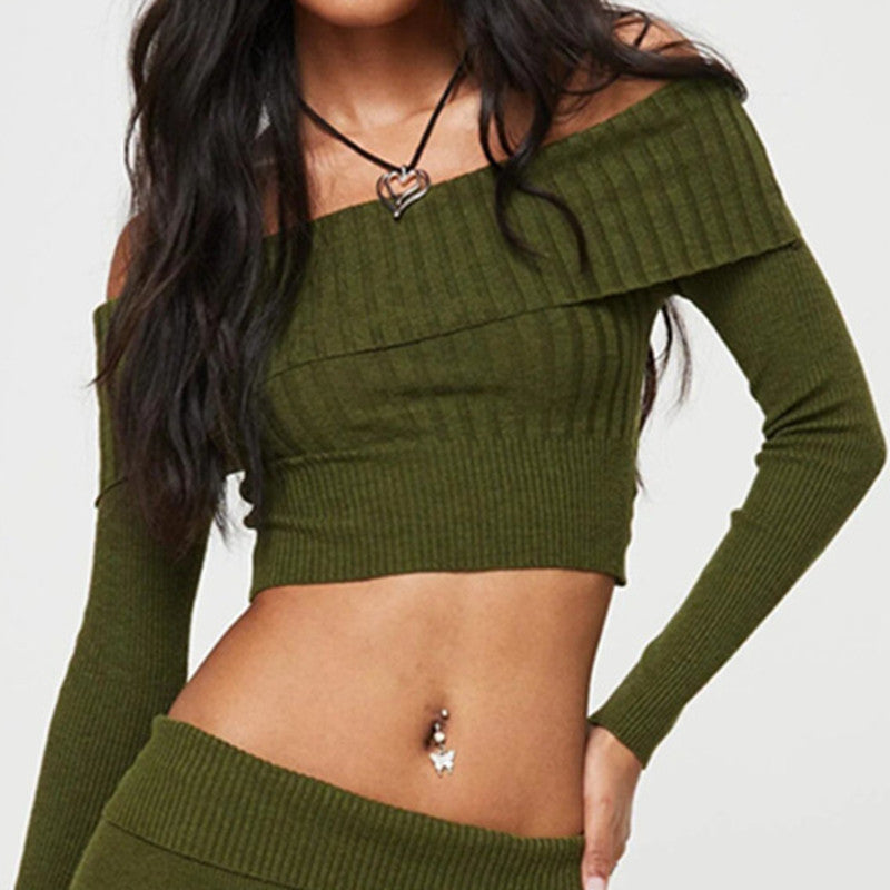 Boat Neck Long Sleeve Knitted Sweater Off-shoulder Crop Short Top SFor Womens Clothing - PrizQ