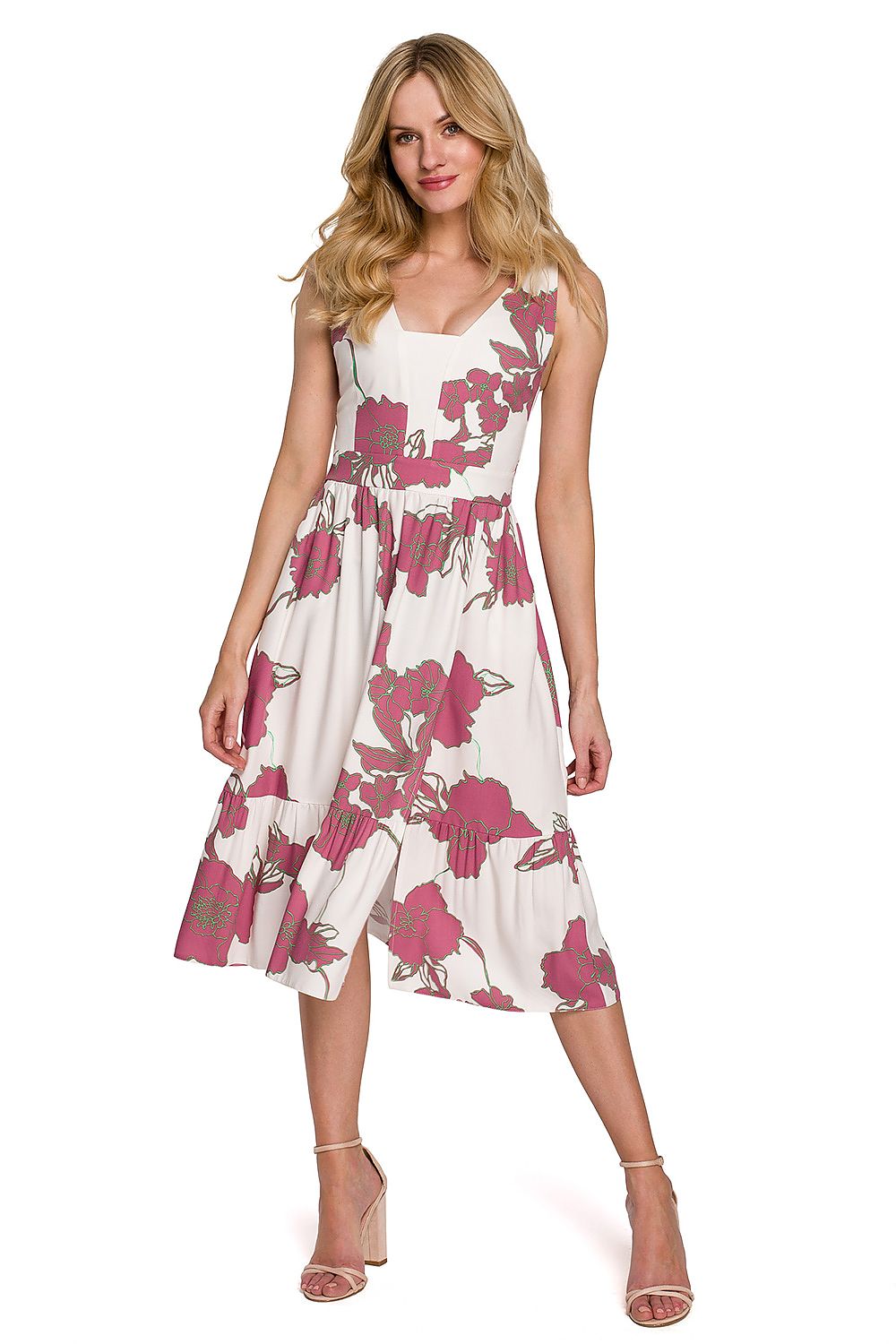 Bloom Curve Midi Jurk met elastische rug, diepe split en elegante halslijn β vrouwelijke en stijlvolle midi-jurk.