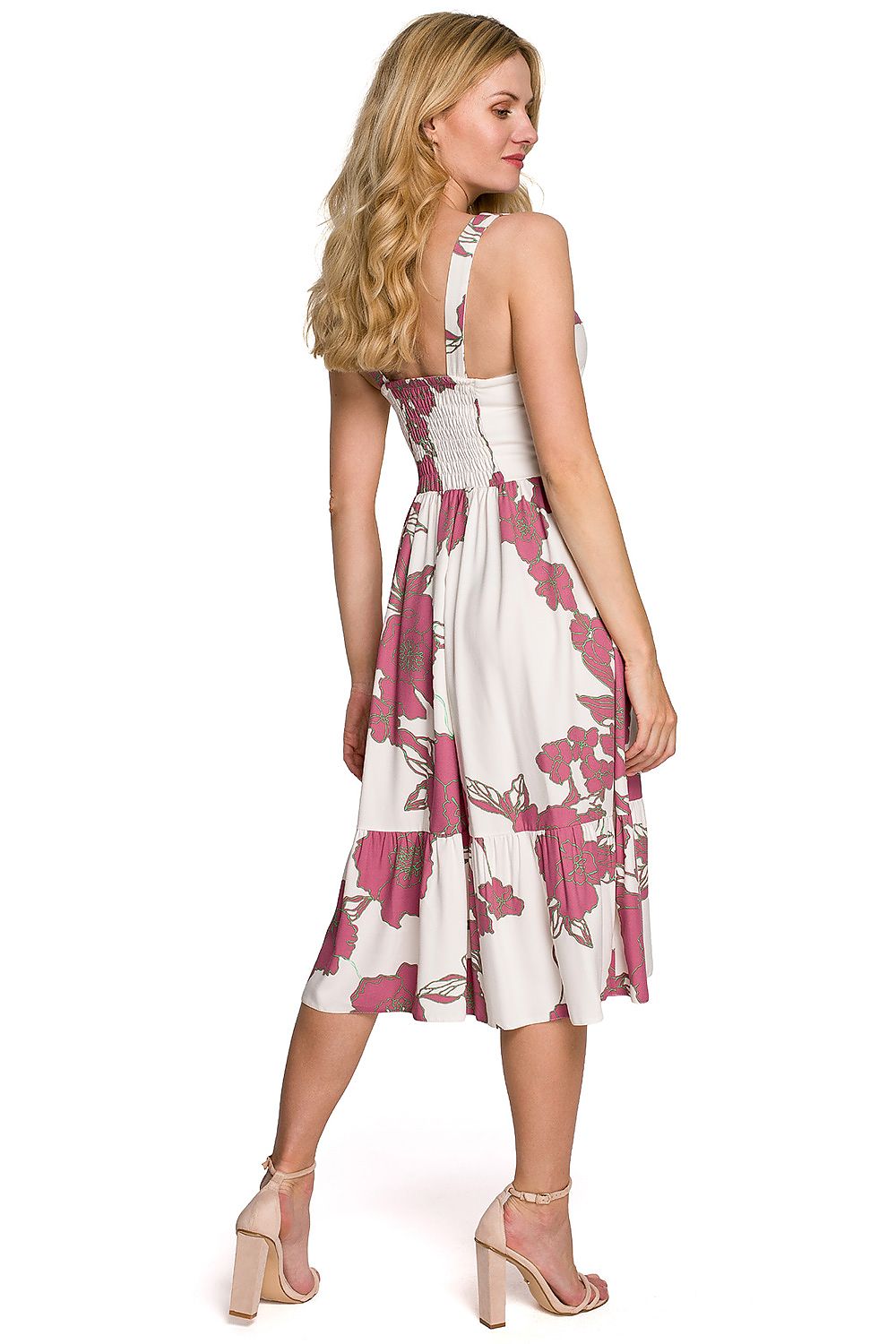 Bloom Curve Midi Jurk met elastische rug, diepe split en elegante halslijn β vrouwelijke en stijlvolle midi-jurk.