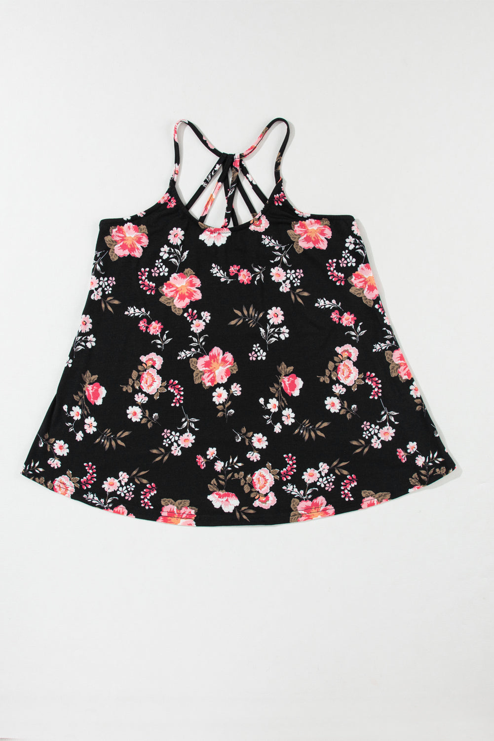 Beige tanktop met bloemenprint en kruislings straps-detail - PrizQ
