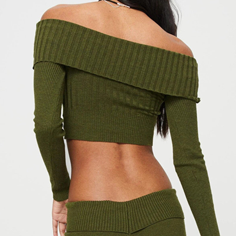 Boat Neck Long Sleeve Knitted Sweater Off-shoulder Crop Short Top SFor Womens Clothing - PrizQ