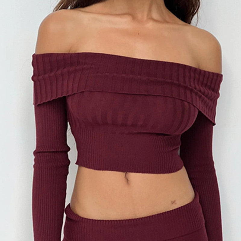 Boat Neck Long Sleeve Knitted Sweater Off-shoulder Crop Short Top SFor Womens Clothing - PrizQ