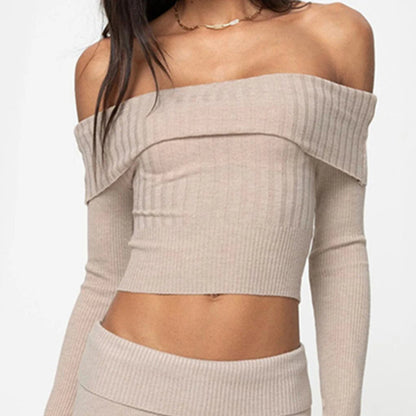 Boat Neck Long Sleeve Knitted Sweater Off-shoulder Crop Short Top SFor Womens Clothing - PrizQ