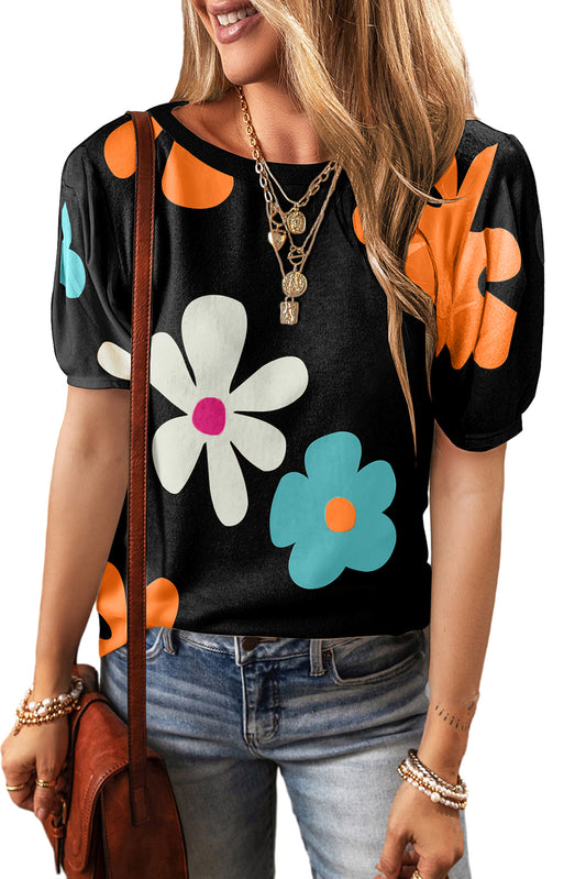 Zwarte Tee met bloemenprint - PrizQ