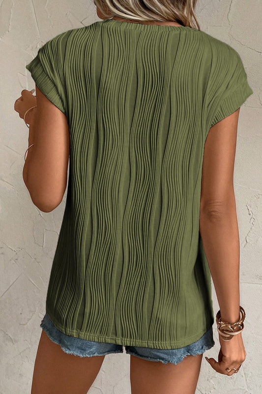 Black Wavy Texture Cap Sleeve Top - PrizQ