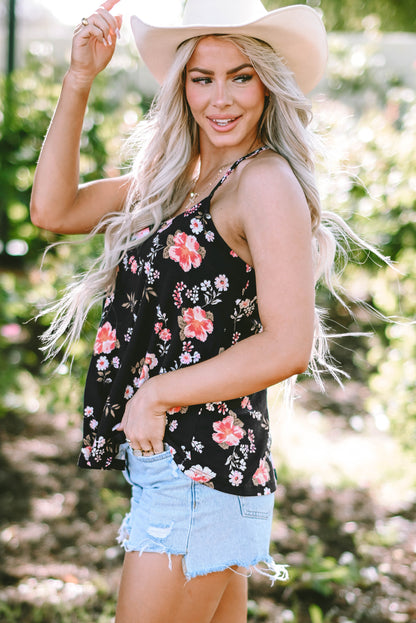 Beige tanktop met bloemenprint en kruislings straps-detail - PrizQ