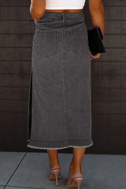 Black Raw Edge Side Slits Buttoned Midi Denim Skirt - PrizQ