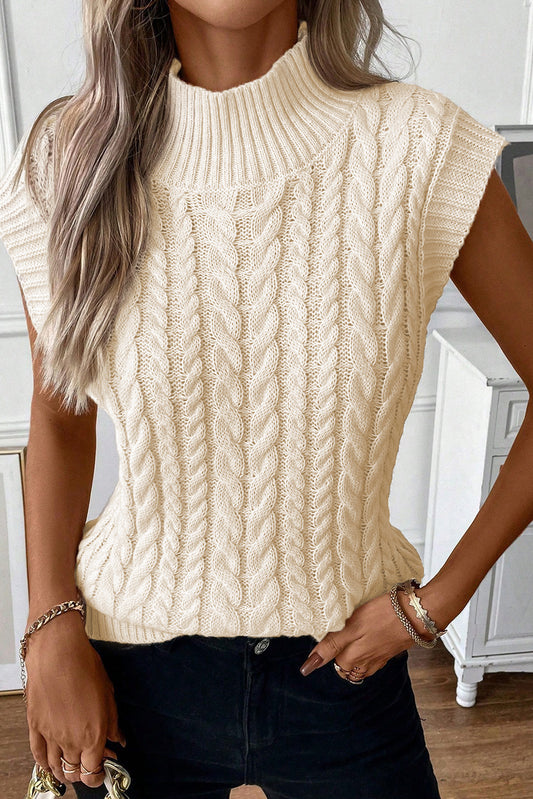 Oatmeal Cable Knit High Neck Sweater Vest - PrizQ