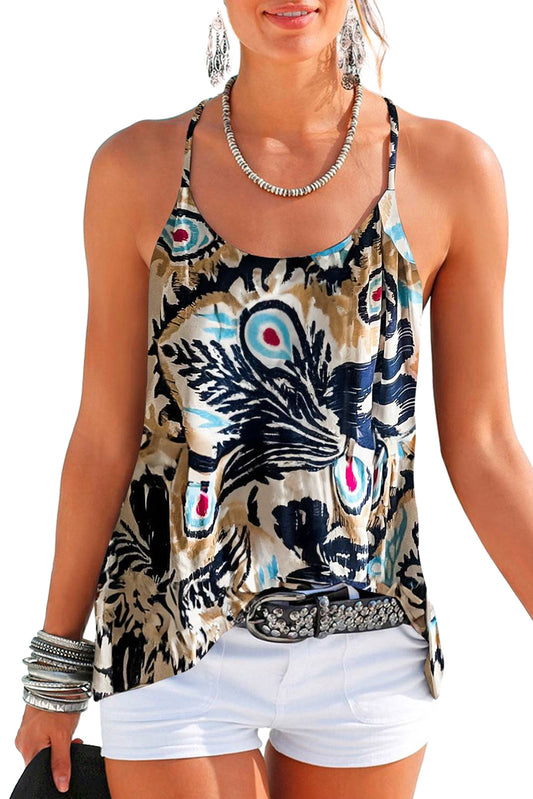 Beige tanktop met bloemenprint en kruislings straps-detail - PrizQ