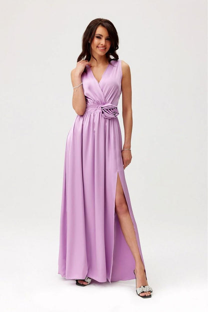Elegante satijnen avondjurk met ruguitsnede en beensplit – Roco Fashion