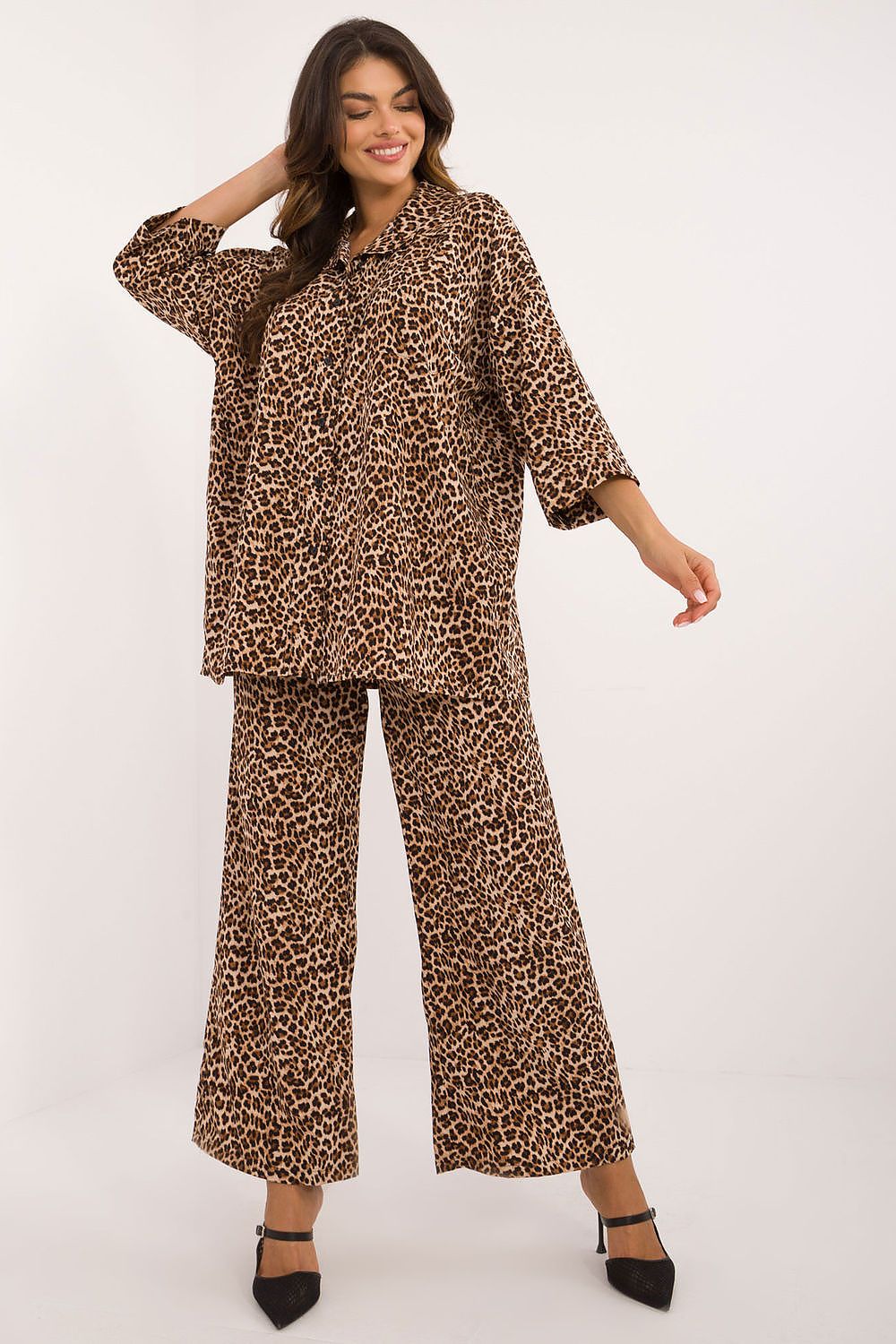 Dierenpatroon shirt met 3/4 mouwen en borstzak – Numoco Safari Chic Set