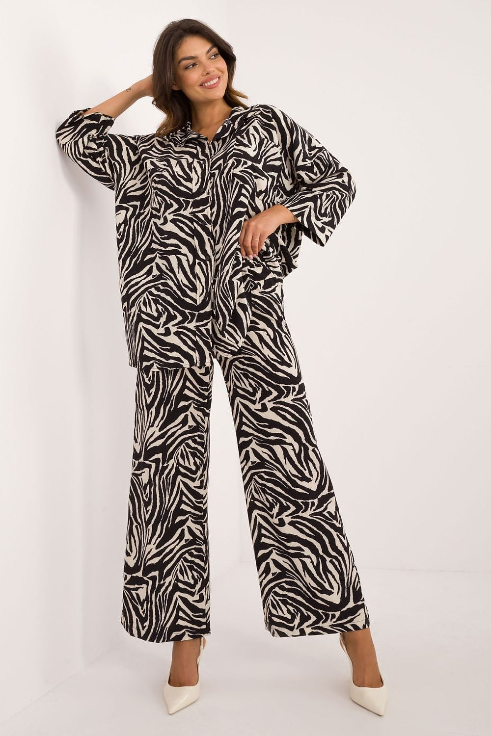 Dierenpatroon shirt met 3/4 mouwen en borstzak – Numoco Safari Chic Set
