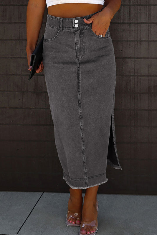 Black Raw Edge Side Slits Buttoned Midi Denim Skirt - PrizQ