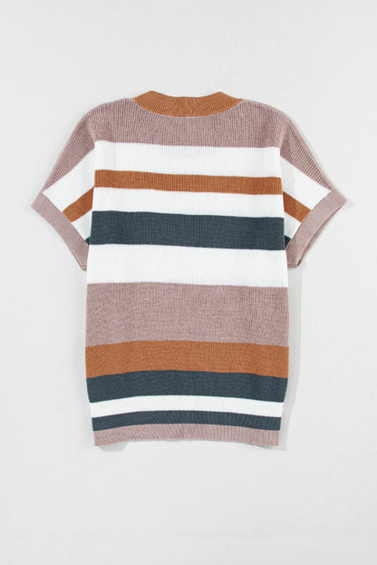 Camel Striped Knit Crew Neck T Shirt Sweater - PrizQ
