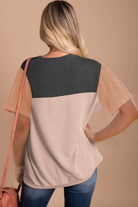 Black Rib Textured Colorblock T Shirt - PrizQ